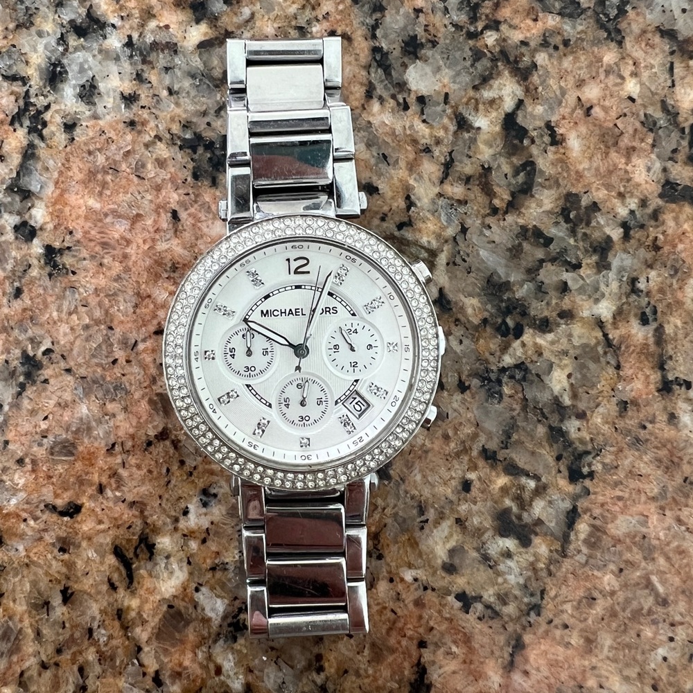 Michael Kors silver rhinestone watch. 1.5” face.